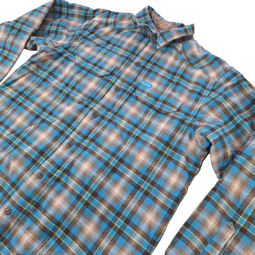 Columbia Flannel Shirt Jacket Men's Medium Blue Plaid Button Sherpa Lined Warm